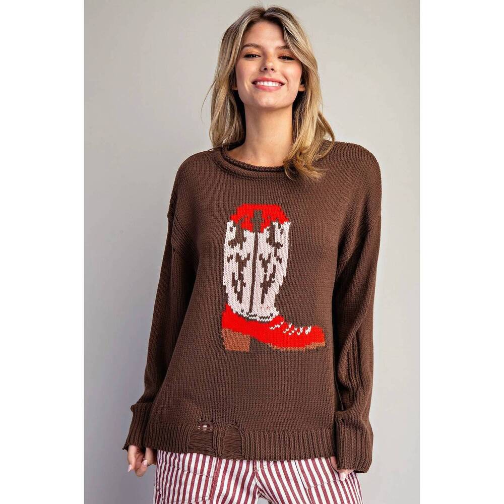 NEW STYLE U western intarsia long sleeve sweater in chestnut brown